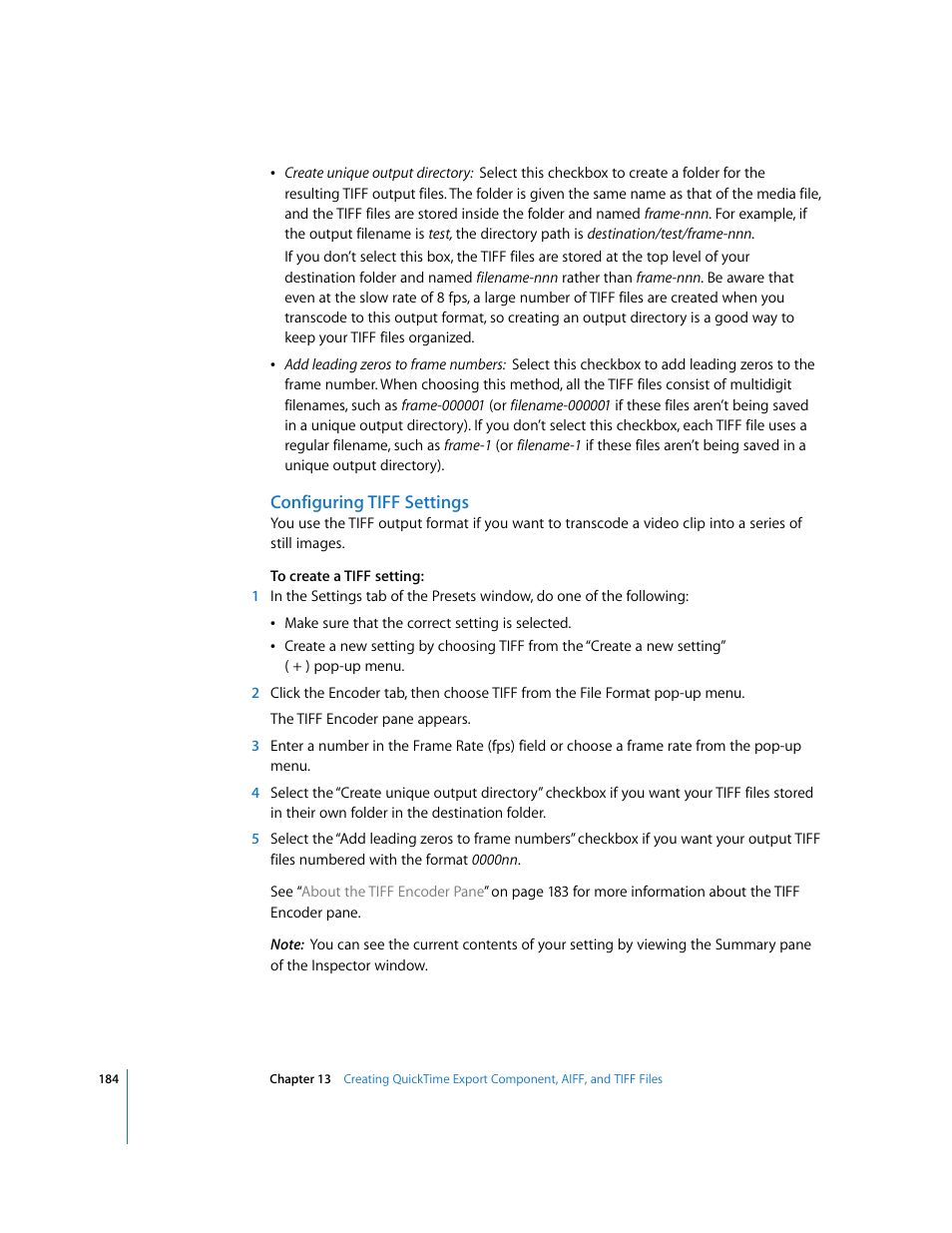 Configuring tiff settings | Apple Compressor 2 User Manual | Page 184 / 263