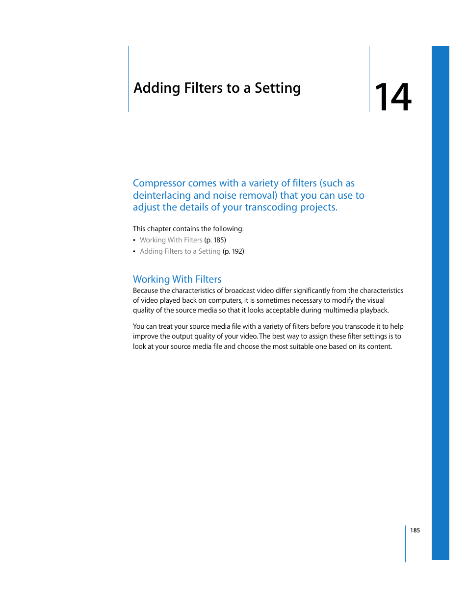 Adding filters to a setting, Working with filters, Chapter 14 | Explains ho | Apple Compressor 2 User Manual | Page 185 / 263