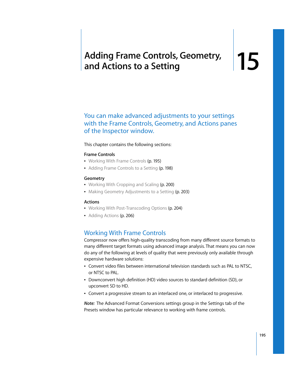 Working with frame controls, Chapter 15, Will help | 5 and chapter 15, Adding frame, Controls, geometry, and actions to a setting, Working with frame, Controls | Apple Compressor 2 User Manual | Page 195 / 263