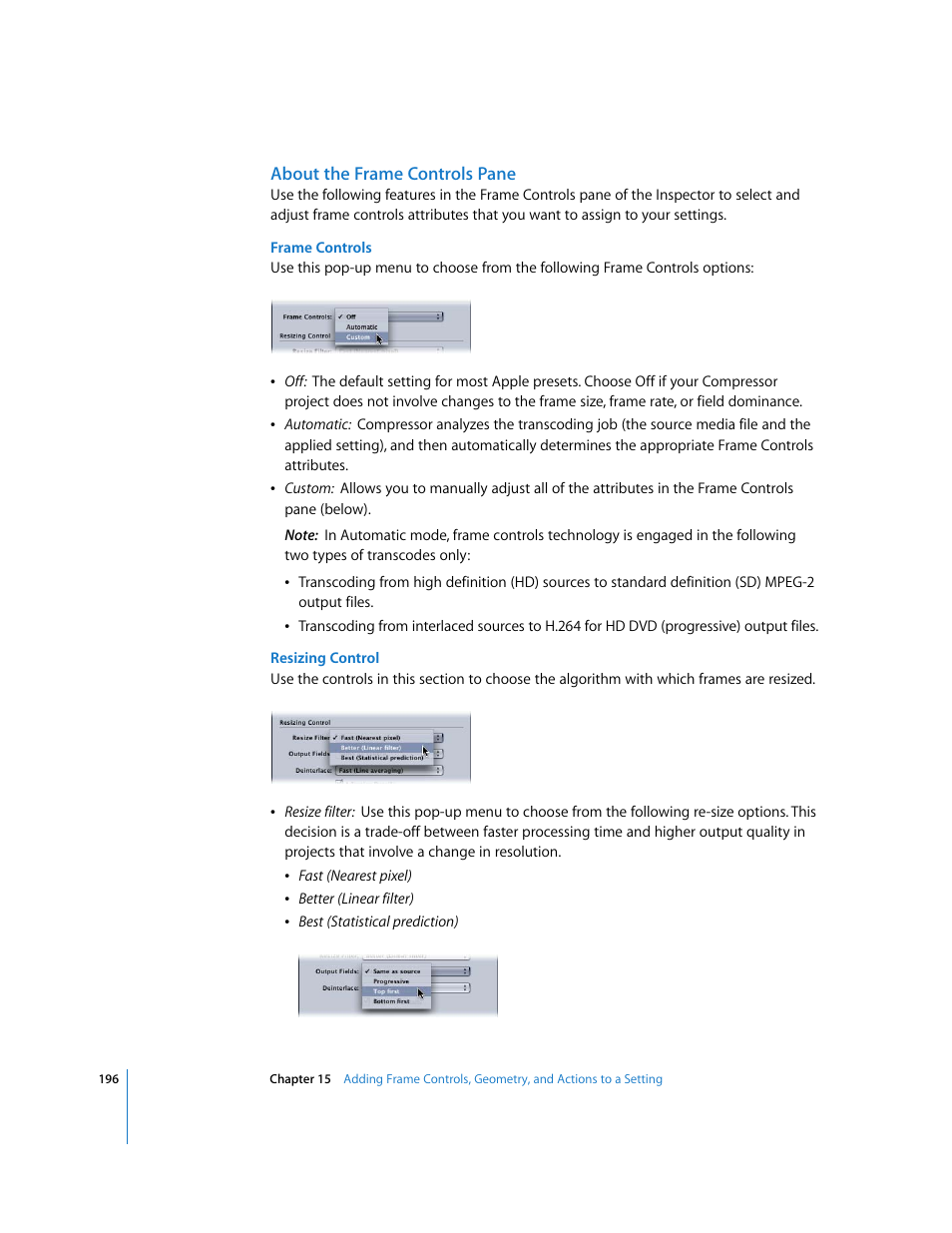 About the frame controls pane, About the frame controls, Pane | Apple Compressor 2 User Manual | Page 196 / 263