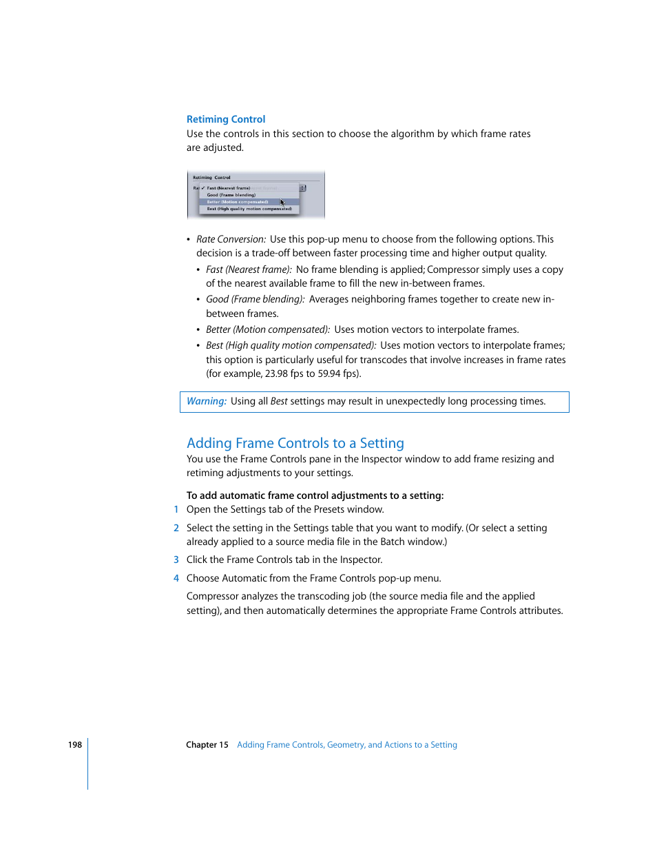Adding frame controls to a setting, P. 198) | Apple Compressor 2 User Manual | Page 198 / 263