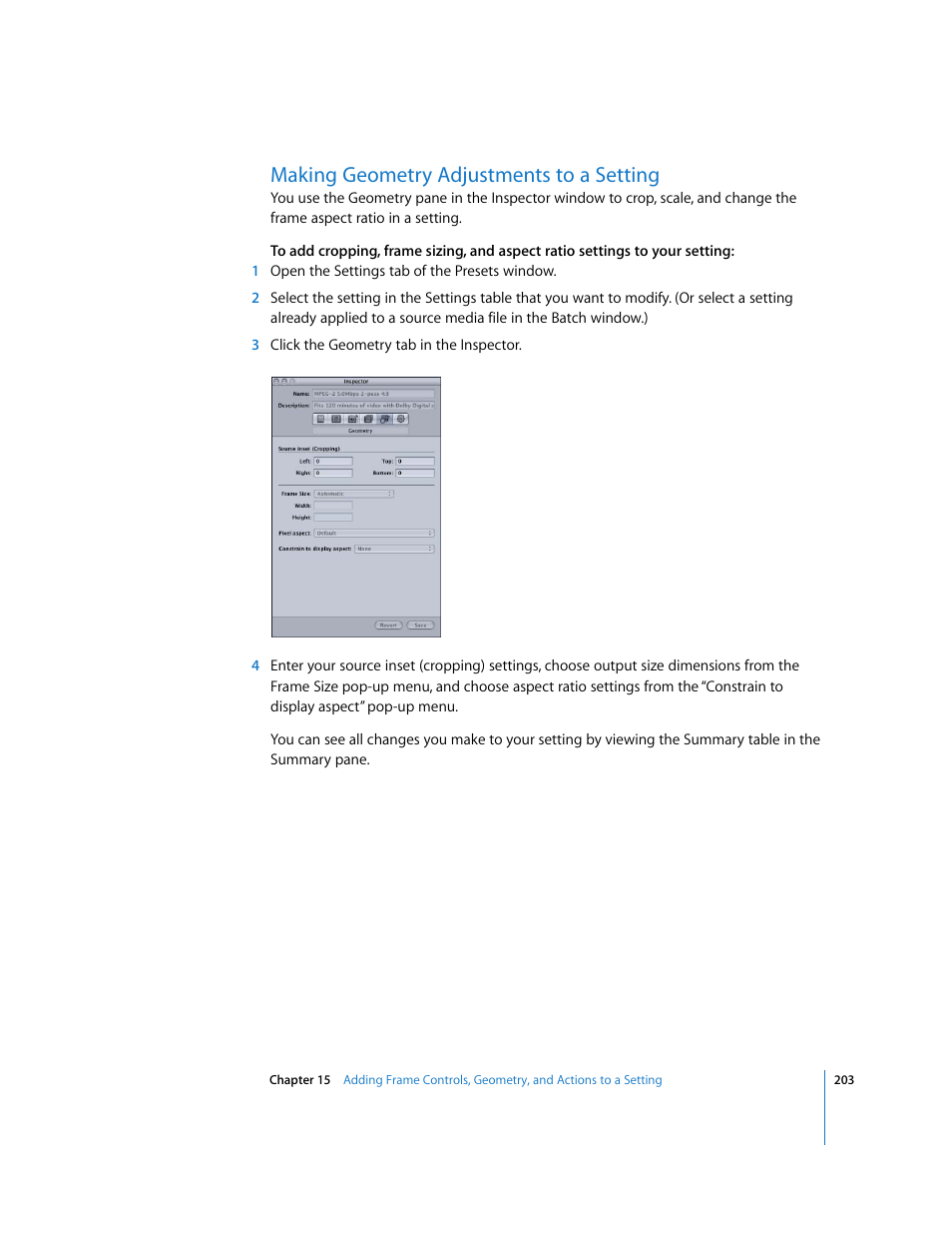 Making geometry adjustments to a setting, P. 203) | Apple Compressor 2 User Manual | Page 203 / 263
