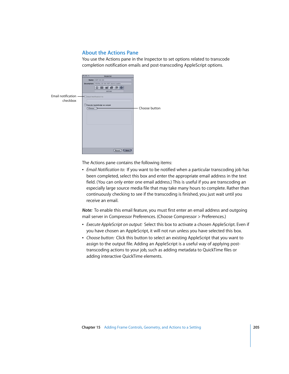 About the actions pane | Apple Compressor 2 User Manual | Page 205 / 263