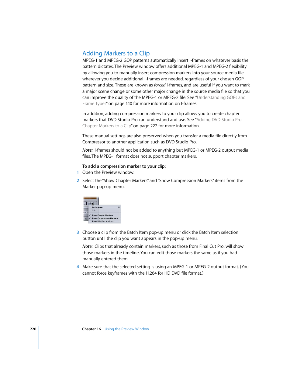 Adding markers to a clip, Adding, Markers to a clip | P. 220), Adding markers to a, Clip | Apple Compressor 2 User Manual | Page 220 / 263