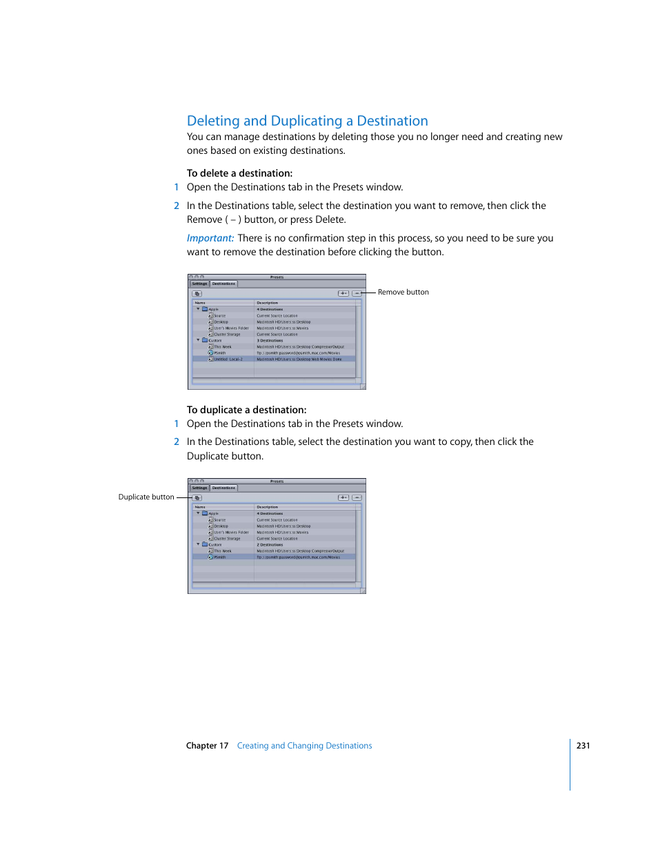 Deleting and duplicating a destination, P. 231) | Apple Compressor 2 User Manual | Page 231 / 263