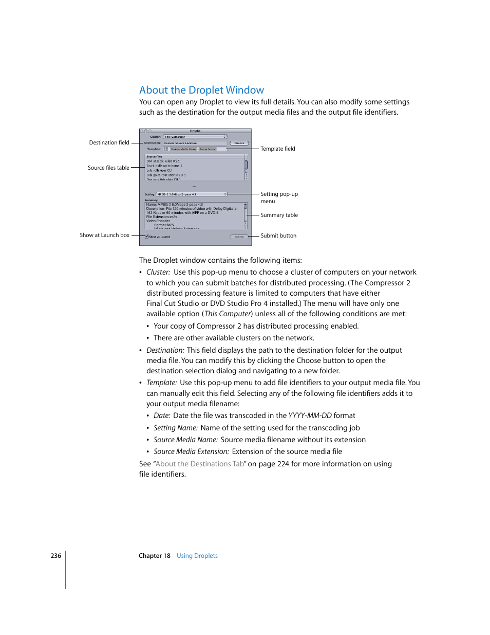 About the droplet window, P. 236) | Apple Compressor 2 User Manual | Page 236 / 263