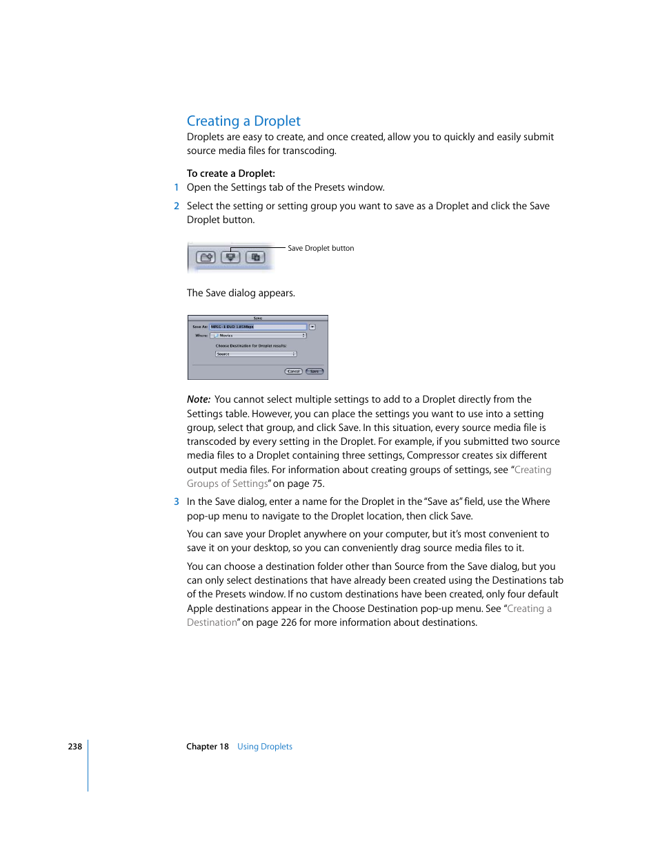 Creating a droplet, P. 238) | Apple Compressor 2 User Manual | Page 238 / 263