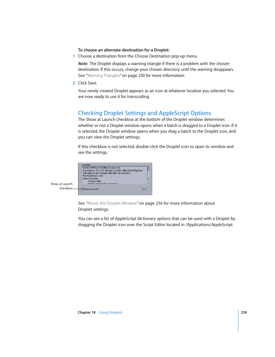 Checking droplet settings and applescript options, P. 239) | Apple Compressor 2 User Manual | Page 239 / 263