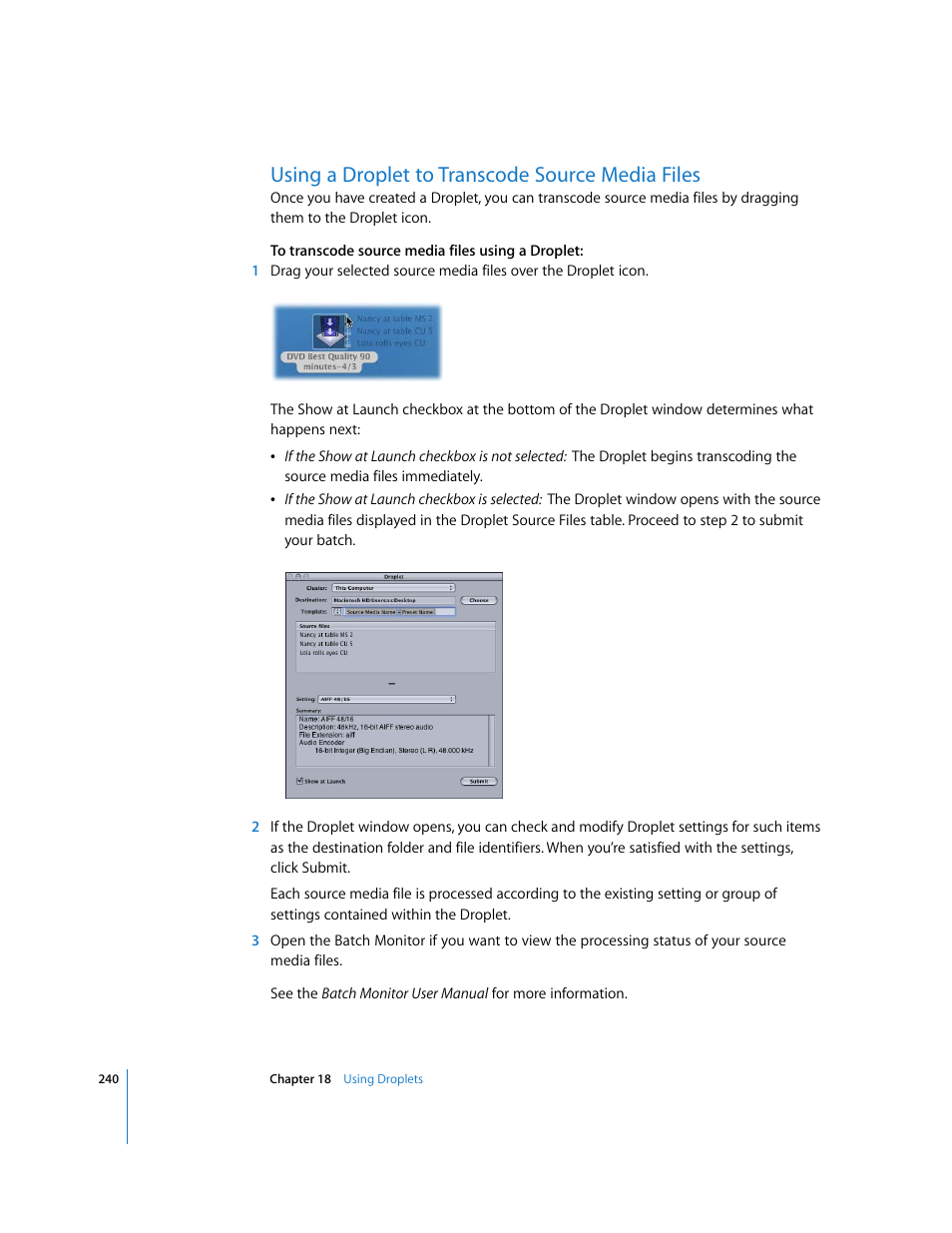 Using a droplet to transcode source media files, P. 240) | Apple Compressor 2 User Manual | Page 240 / 263
