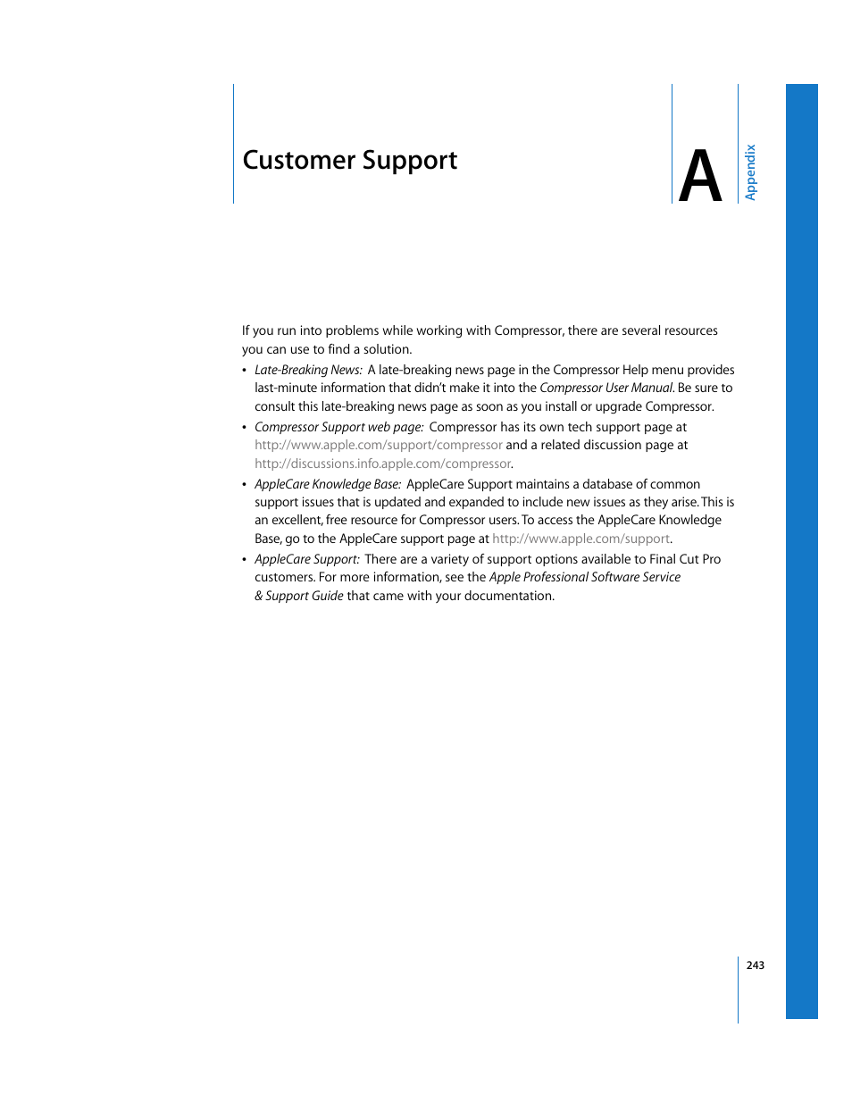 Customer support, Appendix a | Apple Compressor 2 User Manual | Page 243 / 263