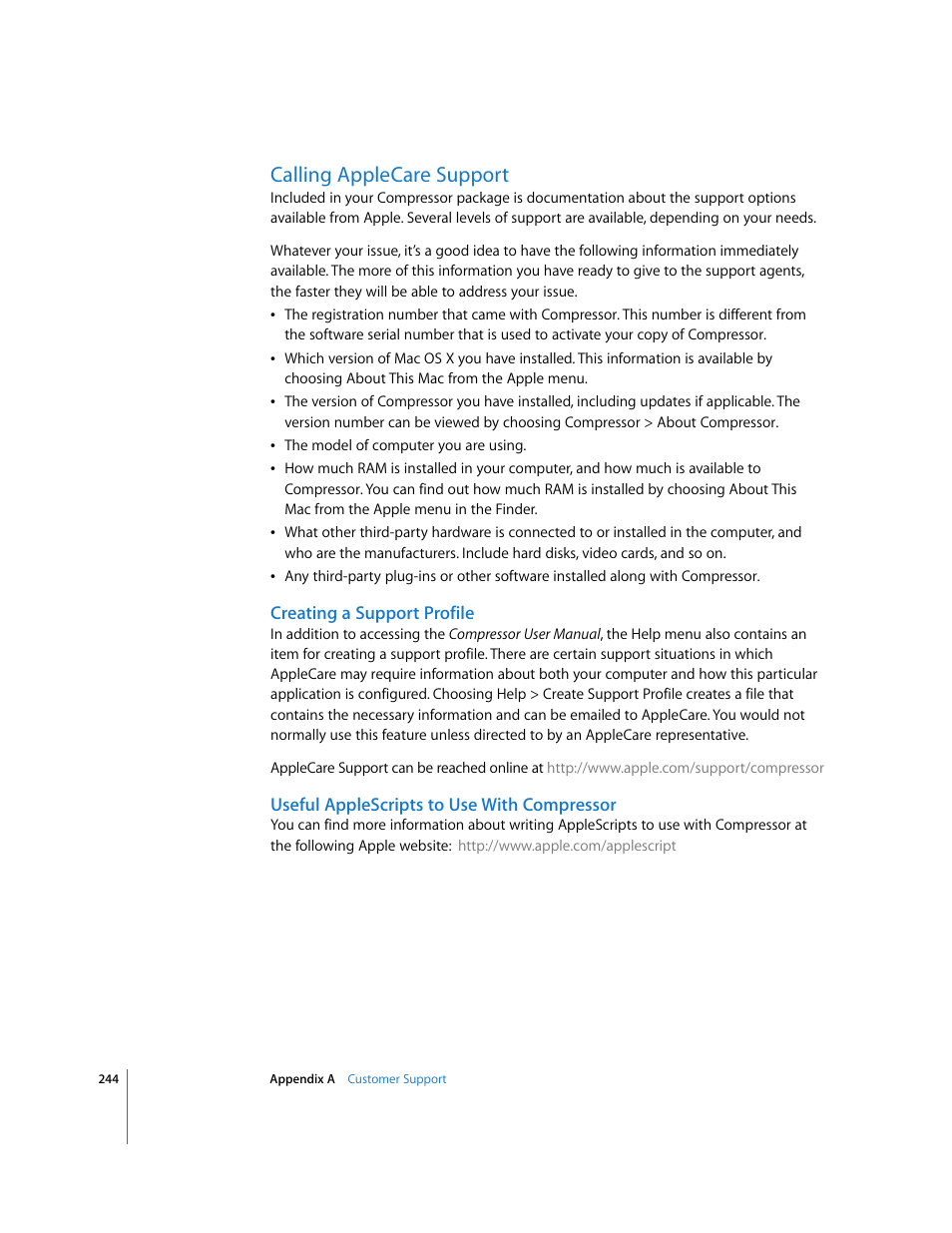Calling applecare support, Creating a support profile, Useful applescripts to use with compressor | Apple Compressor 2 User Manual | Page 244 / 263