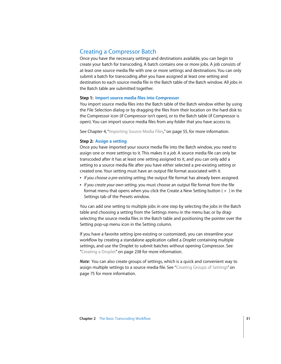 Creating a compressor batch, P. 31) | Apple Compressor 2 User Manual | Page 31 / 263