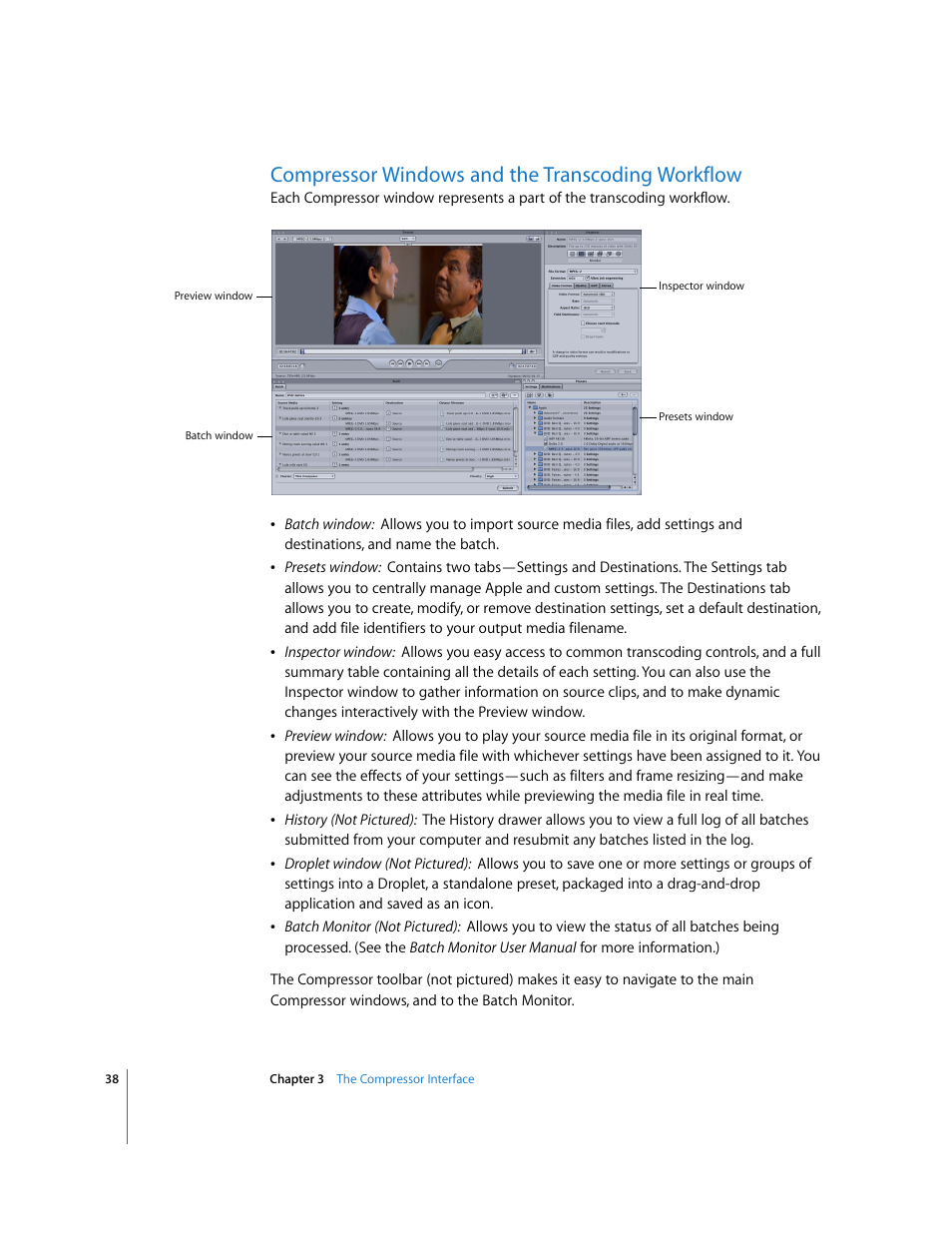 Compressor windows and the transcoding workflow, P. 38) | Apple Compressor 2 User Manual | Page 38 / 263
