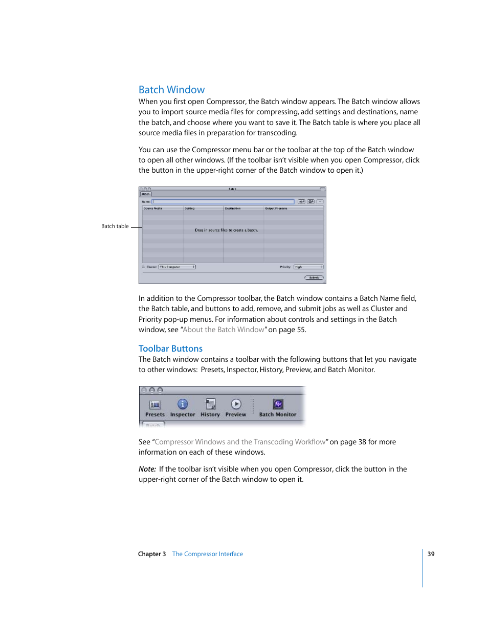 Batch window, Toolbar buttons, P. 39) | Apple Compressor 2 User Manual | Page 39 / 263