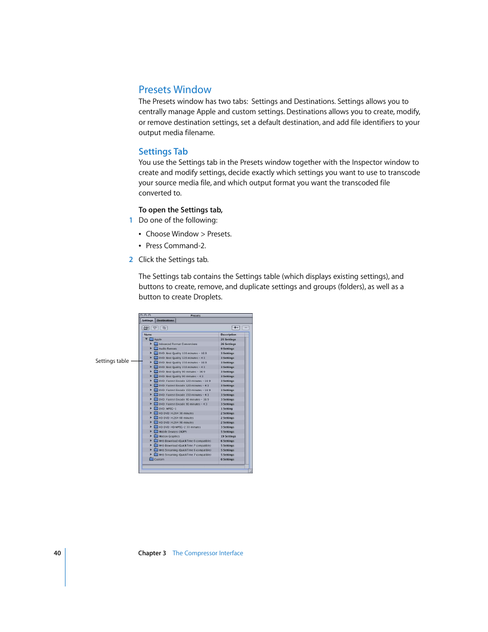Presets window, Settings tab, P. 40) | Apple Compressor 2 User Manual | Page 40 / 263