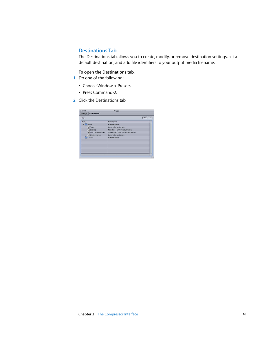 Destinations tab | Apple Compressor 2 User Manual | Page 41 / 263