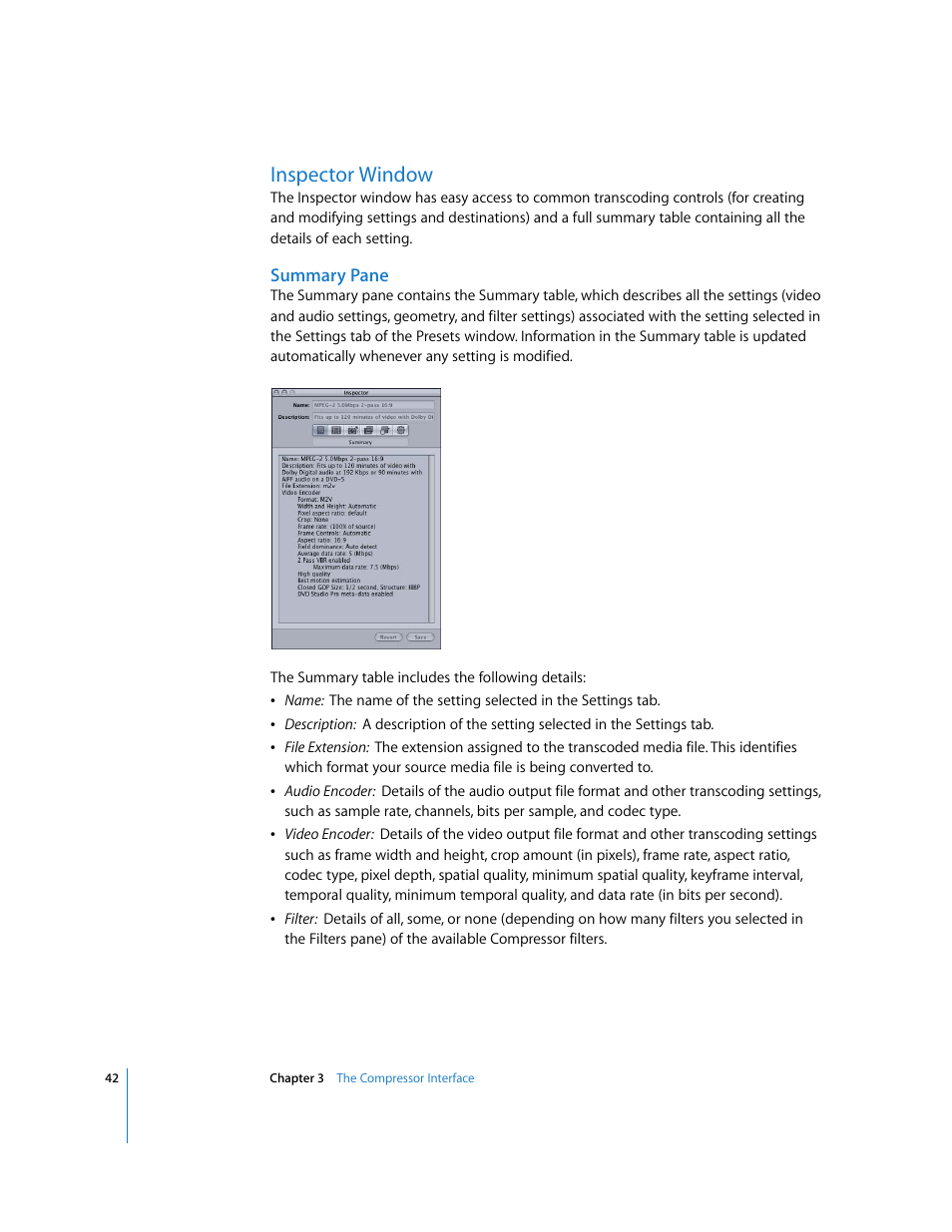 Inspector window, Summary pane, P. 42) | Apple Compressor 2 User Manual | Page 42 / 263