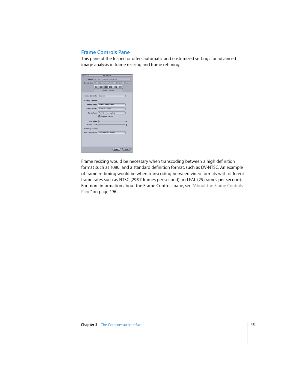 Frame controls pane | Apple Compressor 2 User Manual | Page 45 / 263