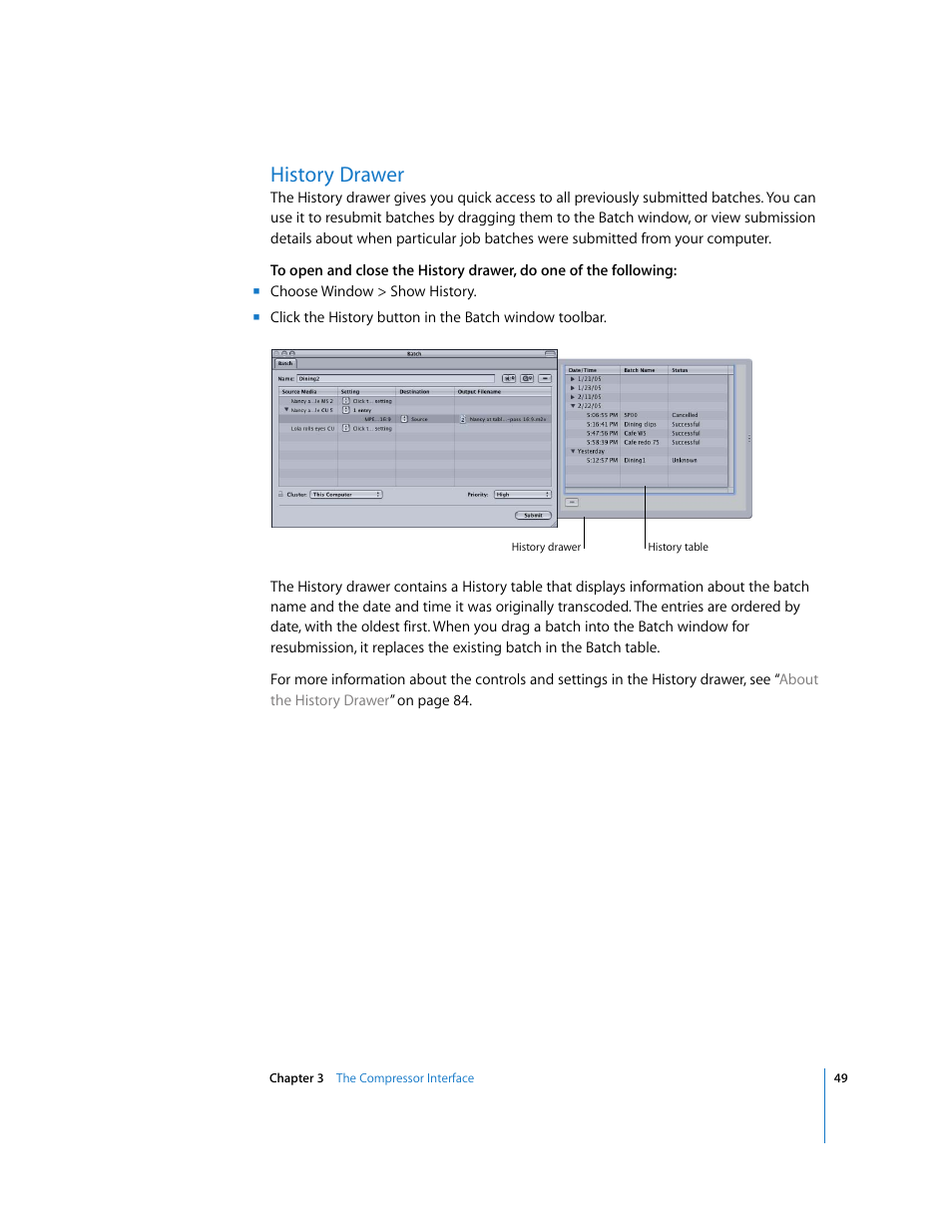 History drawer, P. 49) | Apple Compressor 2 User Manual | Page 49 / 263