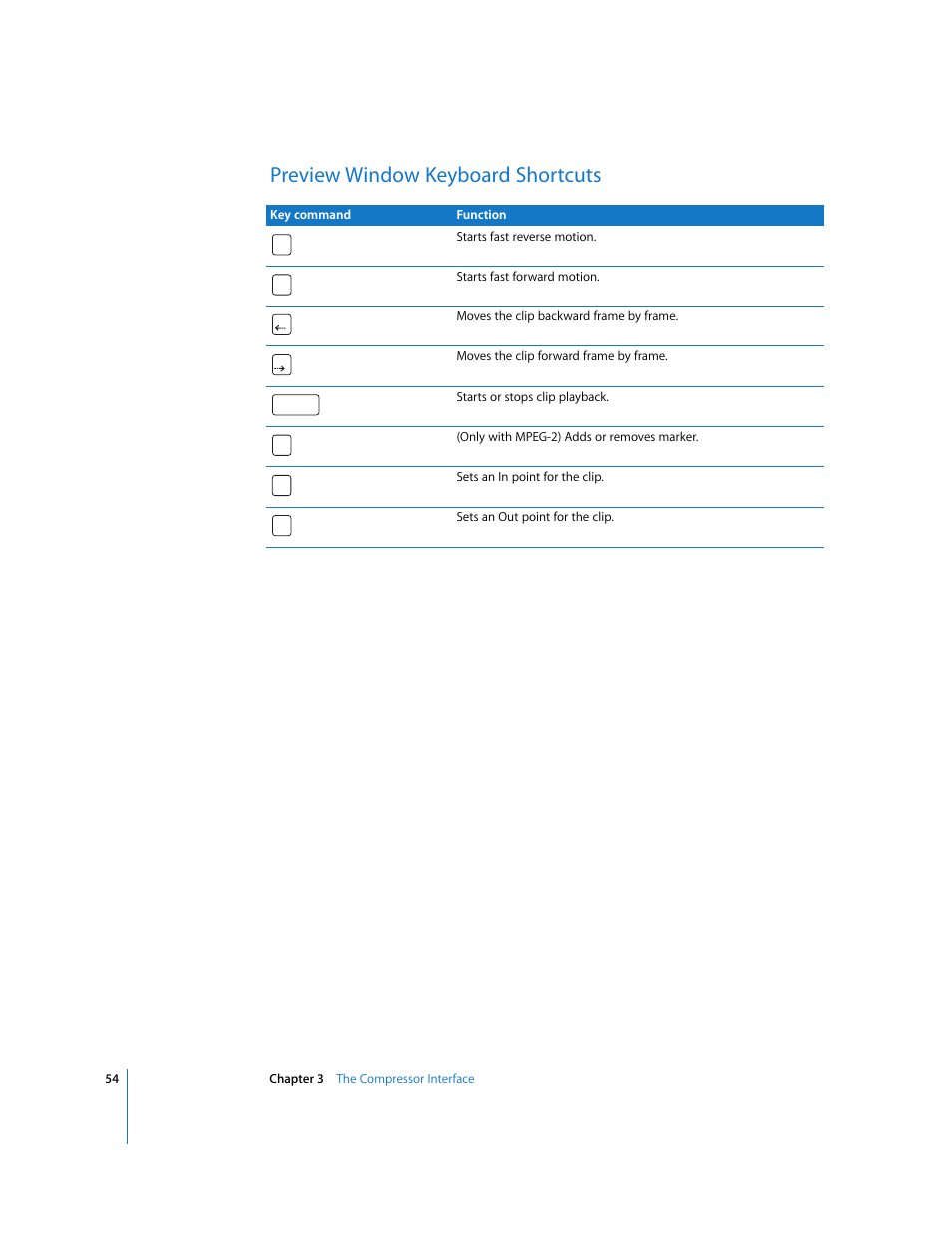 Preview window keyboard shortcuts, P. 54) | Apple Compressor 2 User Manual | Page 54 / 263
