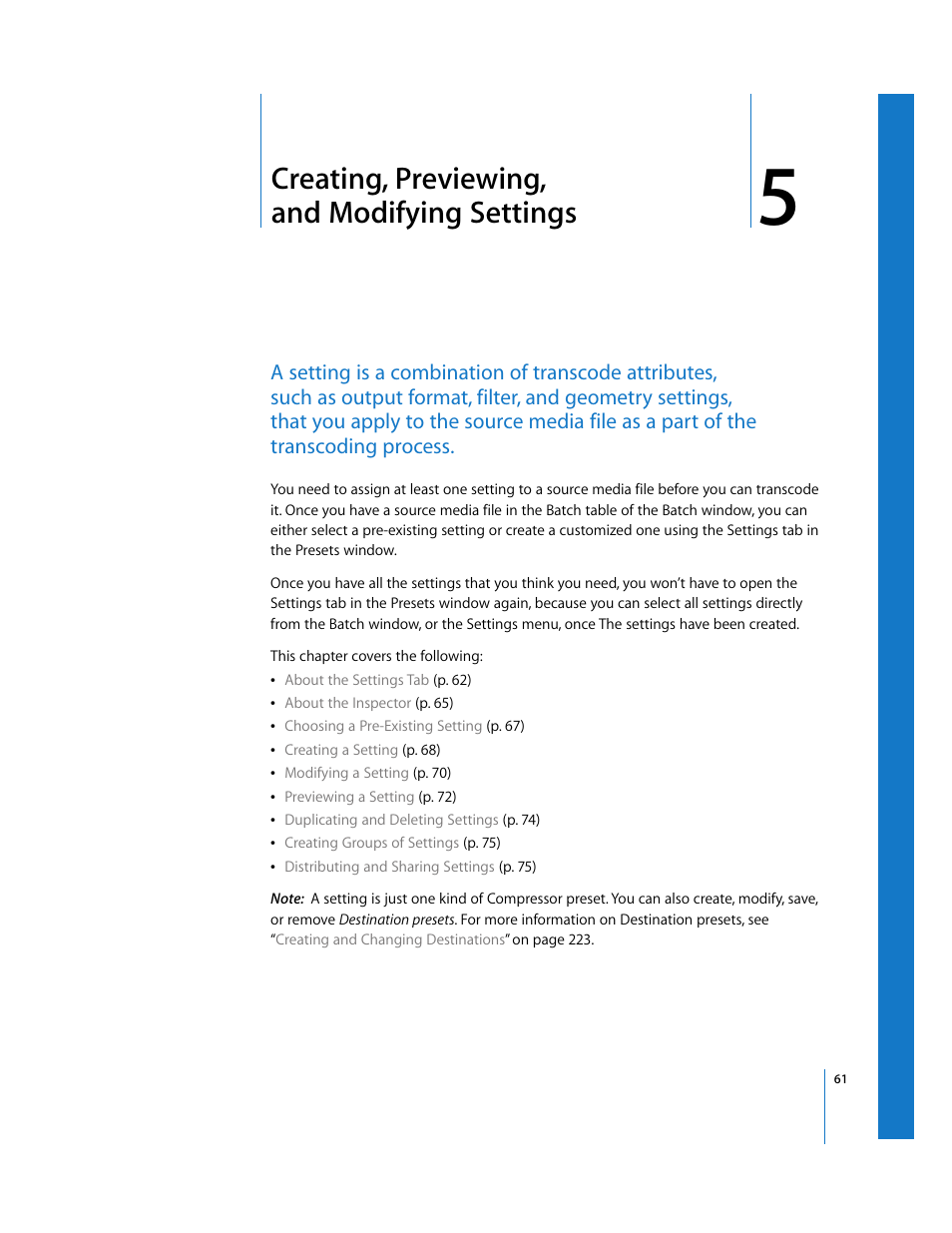 Creating, previewing, and modifying settings, Chapter 5, Er 5 | Creating, Previewing, and modifying settings, Ee chapter 5, Creating, previewing, And modifying settings | Apple Compressor 2 User Manual | Page 61 / 263