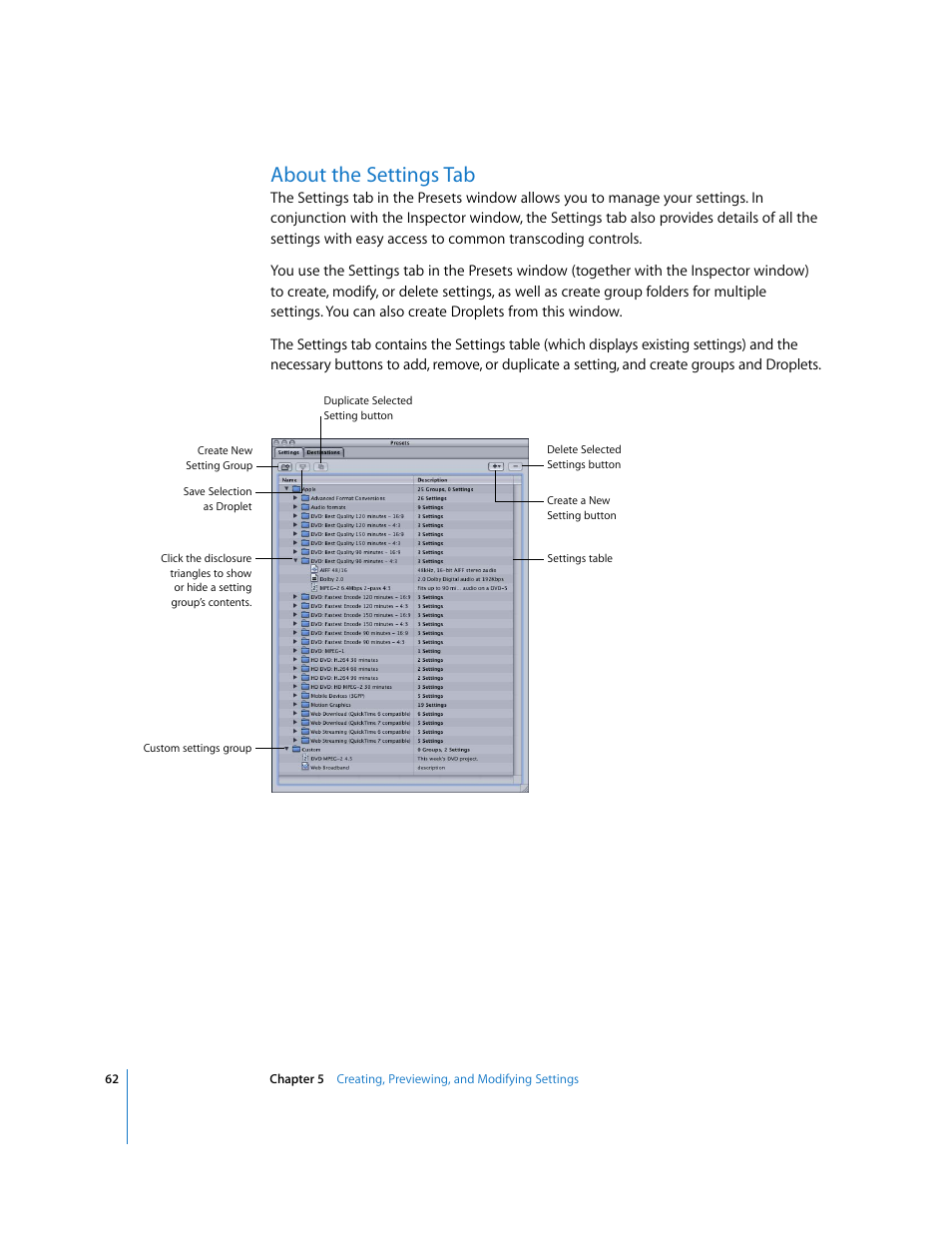 About the settings tab, P. 62) | Apple Compressor 2 User Manual | Page 62 / 263