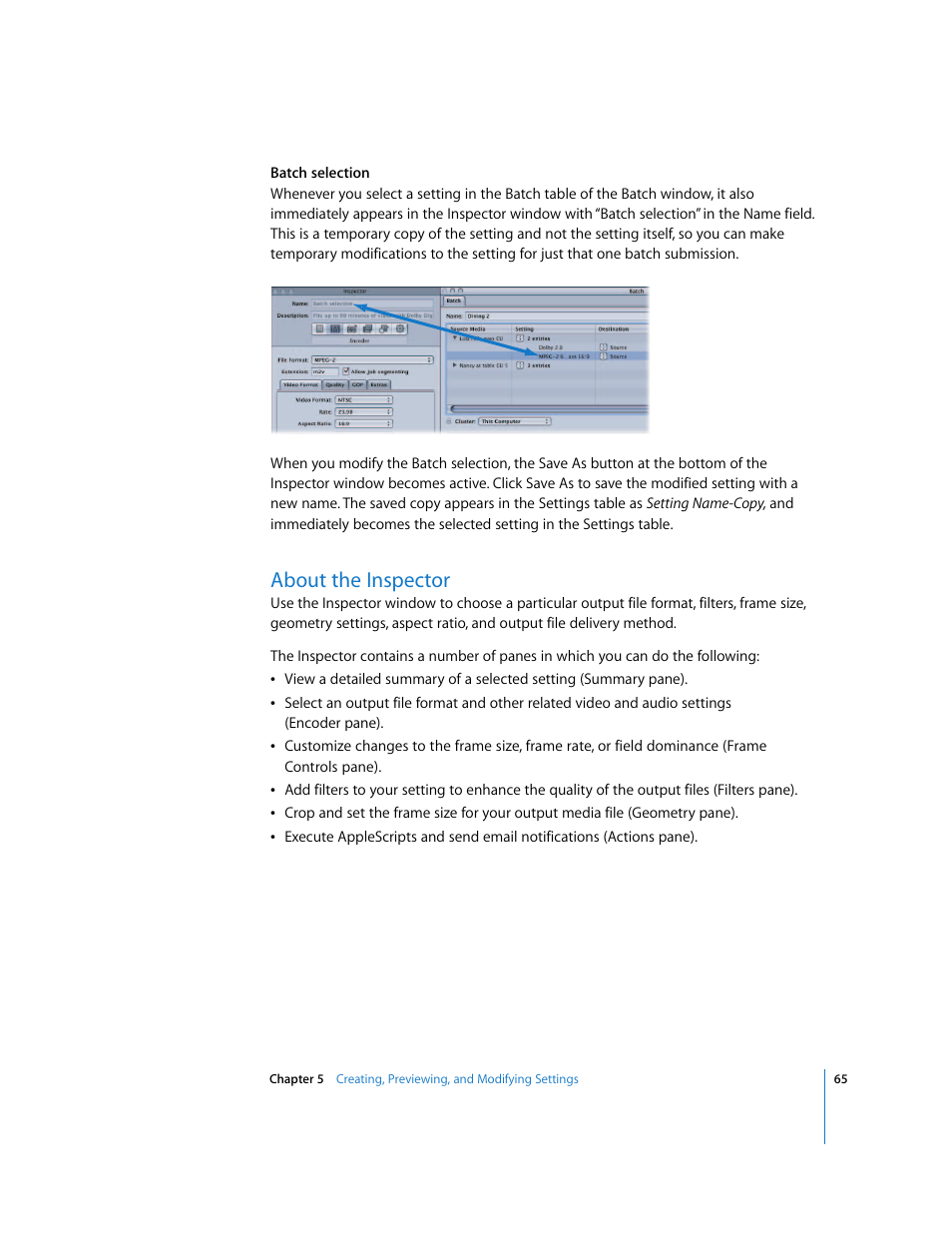 About the inspector, P. 65) | Apple Compressor 2 User Manual | Page 65 / 263