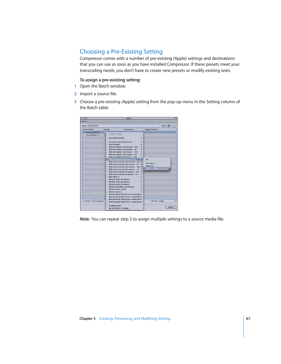Choosing a pre-existing setting, P. 67) | Apple Compressor 2 User Manual | Page 67 / 263