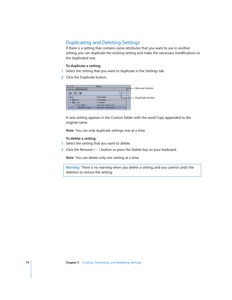 Duplicating and deleting settings, P. 74) | Apple Compressor 2 User Manual | Page 74 / 263