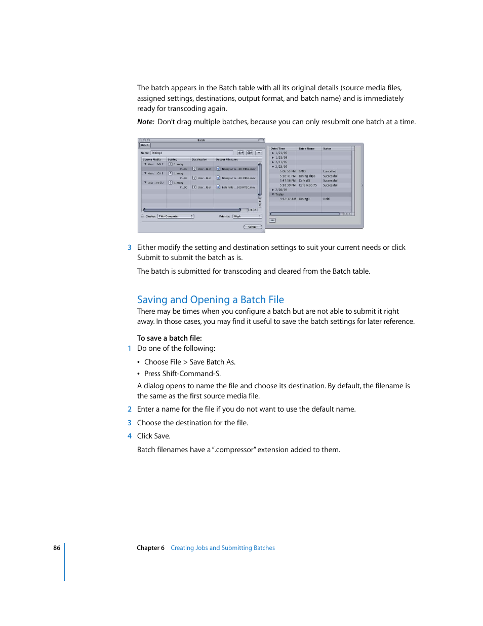 Saving and opening a batch file, P. 86) | Apple Compressor 2 User Manual | Page 86 / 263