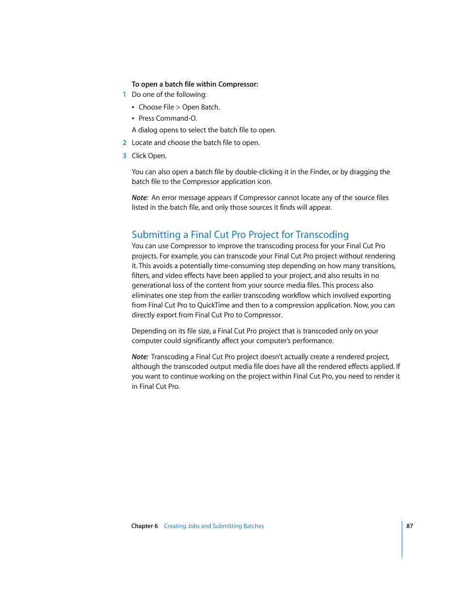 Submitting a final cut pro project for transcoding, P. 87) | Apple Compressor 2 User Manual | Page 87 / 263