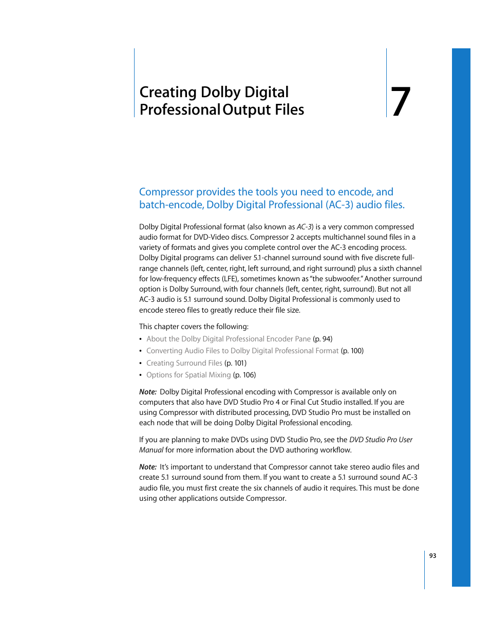 Creating dolby digital professional output files, Chapter 7, Creating dolby digital professional | Output files, Creating dolby digital professional output, Files | Apple Compressor 2 User Manual | Page 93 / 263