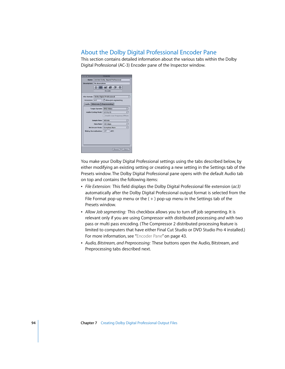 About the dolby digital professional encoder pane, P. 94) | Apple Compressor 2 User Manual | Page 94 / 263