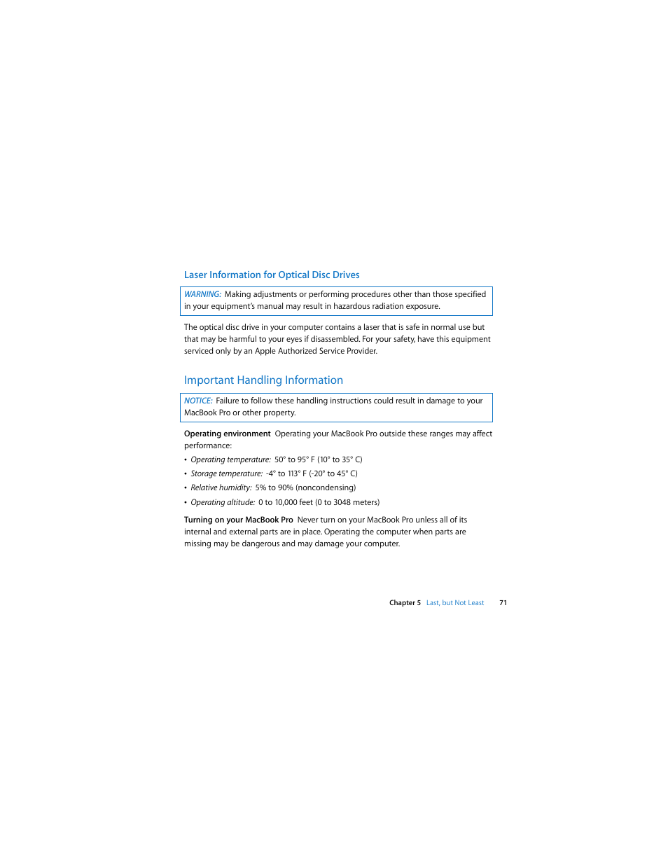 Laser information for optical disc drives, Important handling information | Apple MacBook Pro (17-inch, Mid 2009) User Manual | Page 71 / 88
