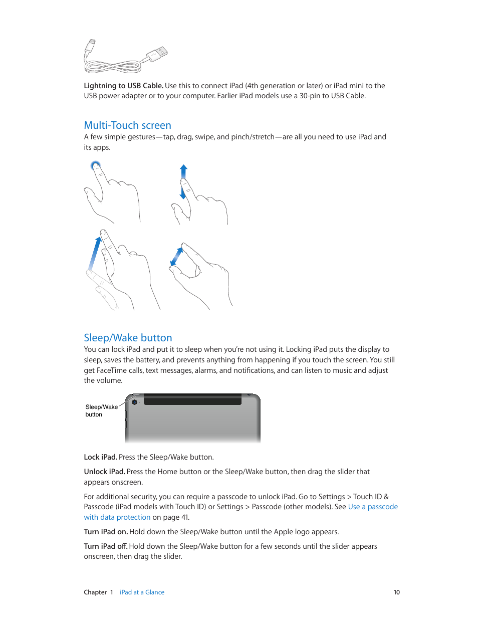 Multi-touch screen, Sleep/wake button, 10 multi-touch screen 10 sleep/wake button | Apple iPad iOS 8.1 User Manual | Page 10 / 164