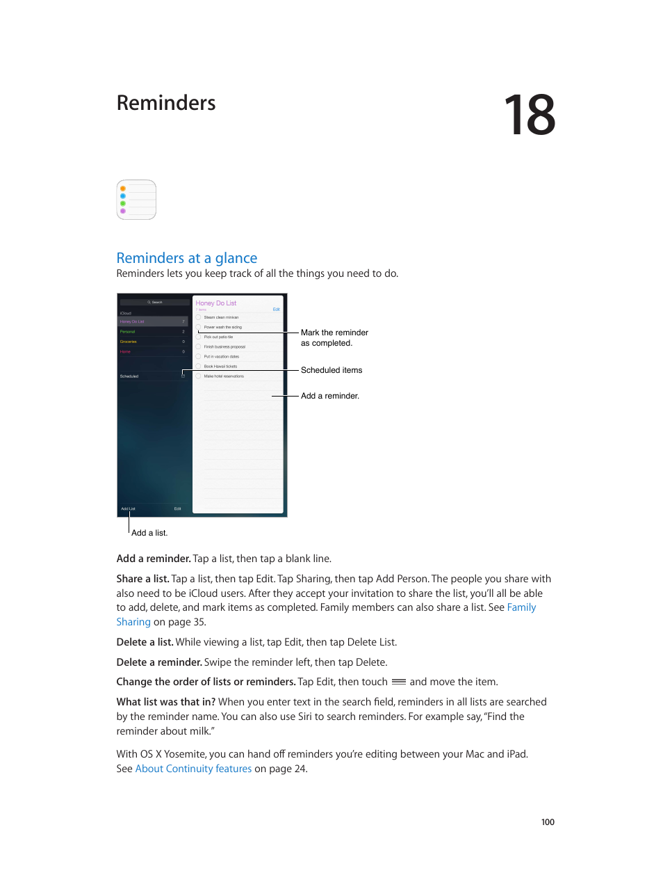 Chapter 18: reminders, Reminders at a glance, 100 reminders at a glance | Reminders at a, Glance, Reminders | Apple iPad iOS 8.1 User Manual | Page 100 / 164