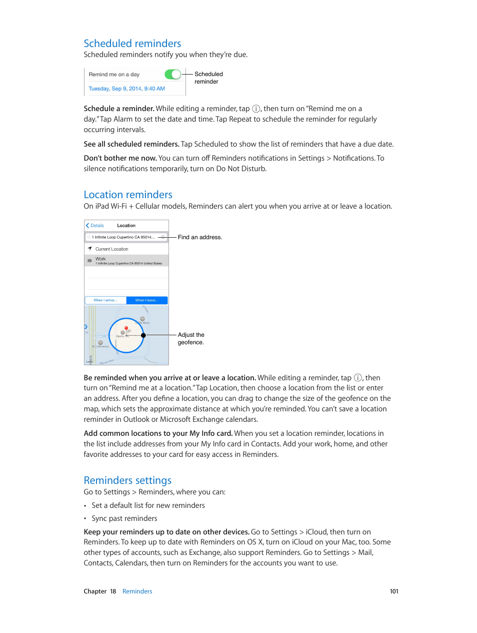 Scheduled reminders, Location reminders, Reminders settings | Apple iPad iOS 8.1 User Manual | Page 101 / 164