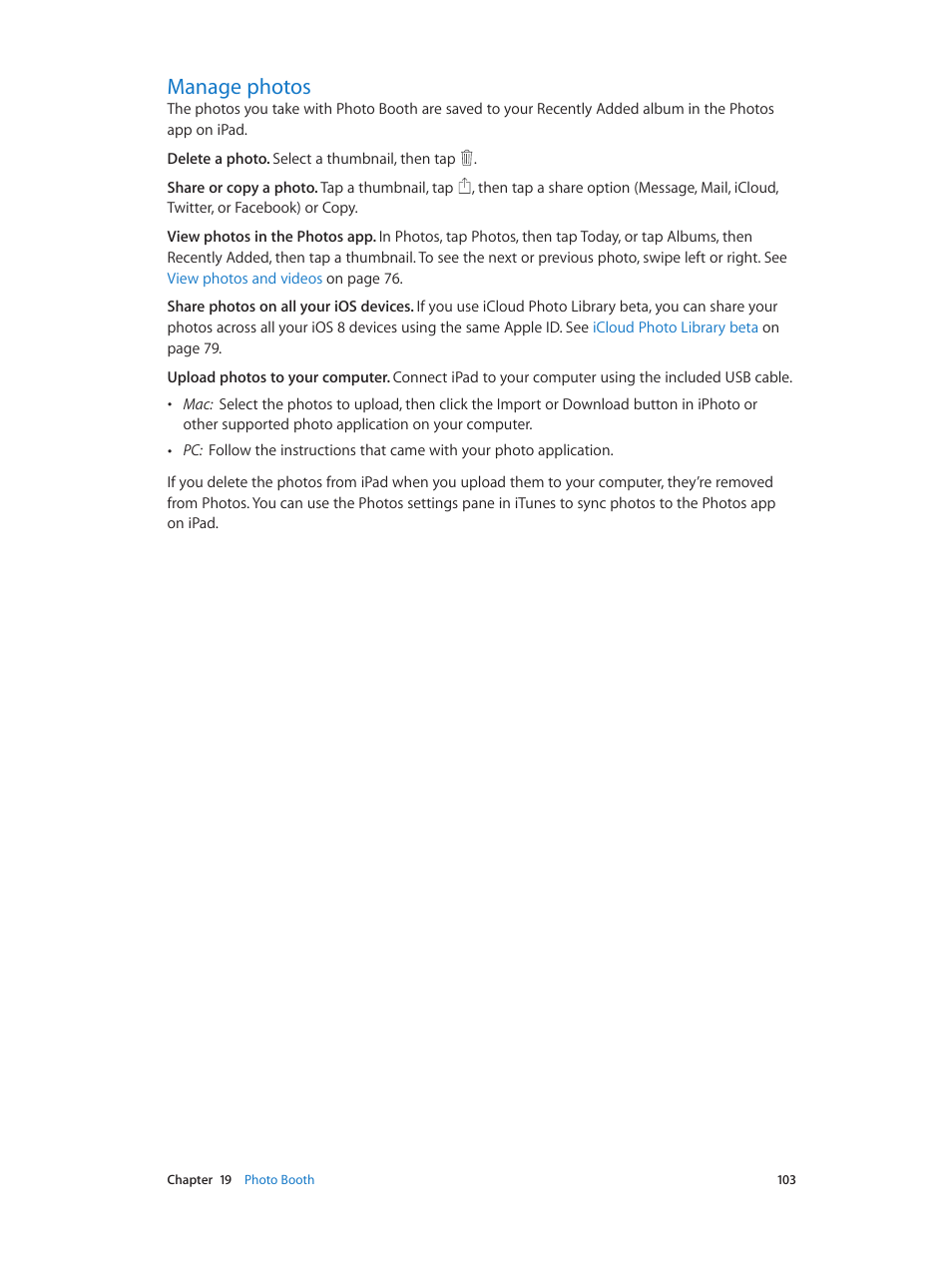 Manage photos, 103 manage photos | Apple iPad iOS 8.1 User Manual | Page 103 / 164