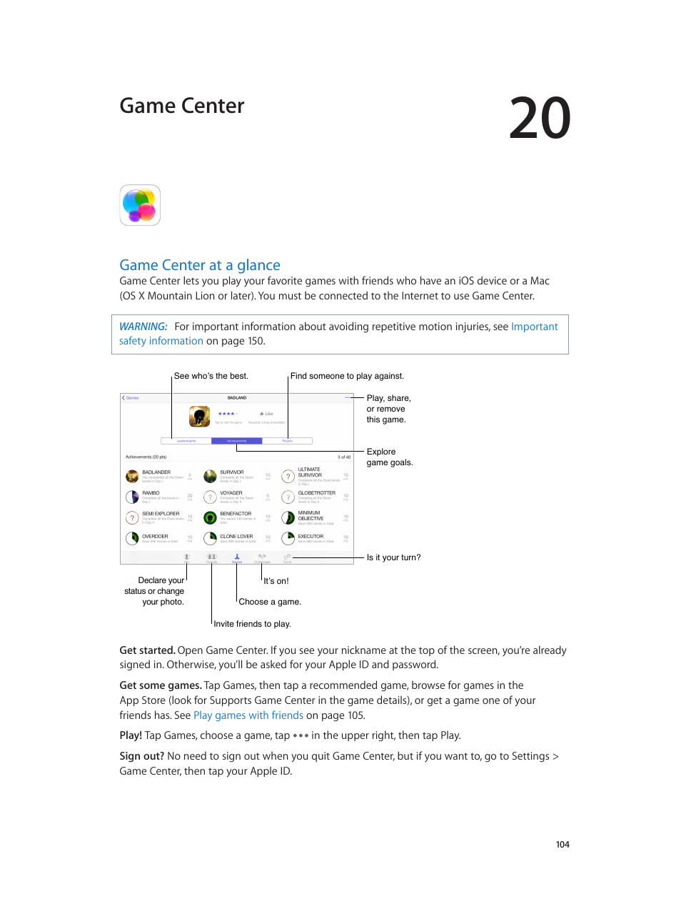 Chapter 20: game center, Game center at a glance, 104 game center at a glance | Game center | Apple iPad iOS 8.1 User Manual | Page 104 / 164