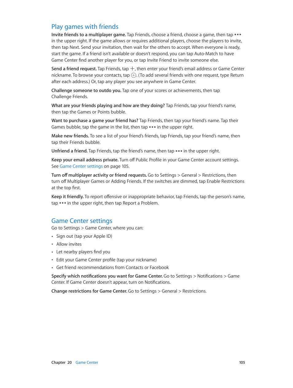 Play games with friends, Game center settings | Apple iPad iOS 8.1 User Manual | Page 105 / 164