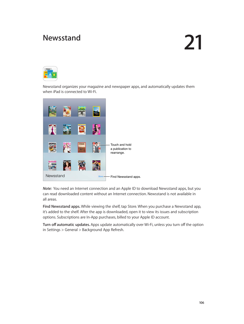 Chapter 21: newsstand, Newsstand | Apple iPad iOS 8.1 User Manual | Page 106 / 164