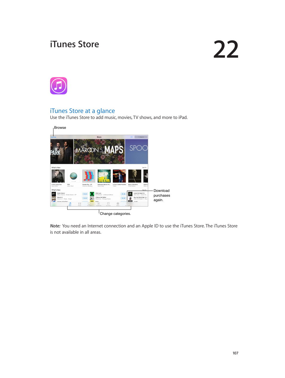 Chapter 22: itunes store, Itunes store at a glance, 107 itunes store at a glance | Itunes store | Apple iPad iOS 8.1 User Manual | Page 107 / 164