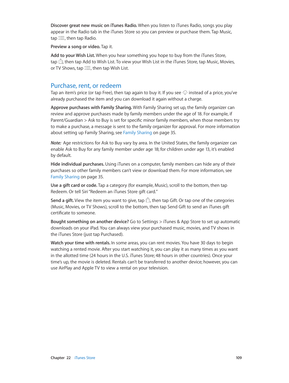 Purchase, rent, or redeem, 109 purchase, rent, or redeem | Apple iPad iOS 8.1 User Manual | Page 109 / 164