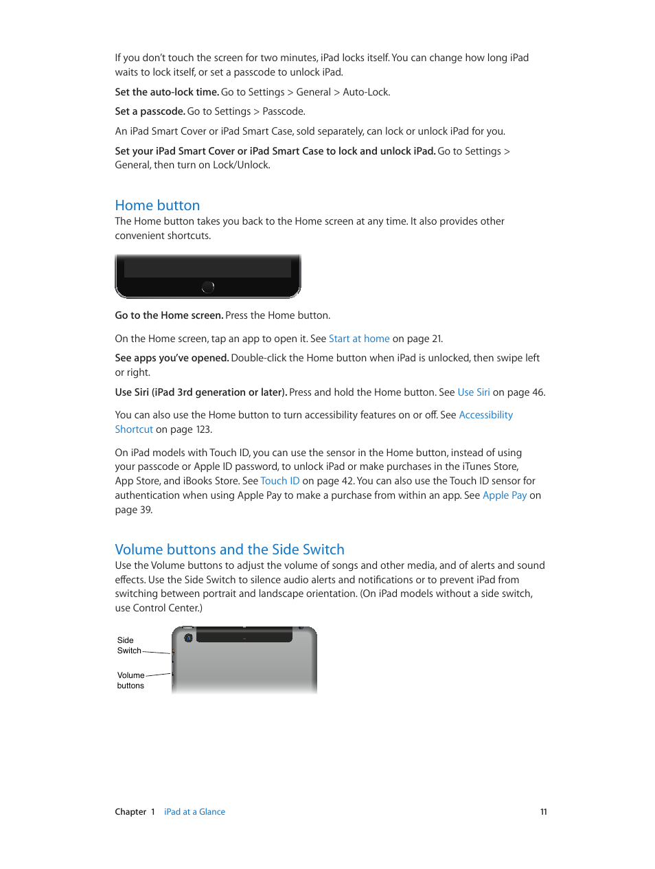 Home button, Volume buttons and the side switch | Apple iPad iOS 8.1 User Manual | Page 11 / 164