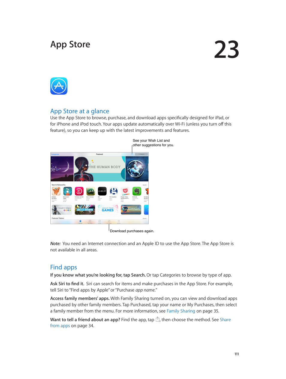 Chapter 23: app store, App store at a glance, Find apps | 111 app store at a glance 111 find apps, App store | Apple iPad iOS 8.1 User Manual | Page 111 / 164