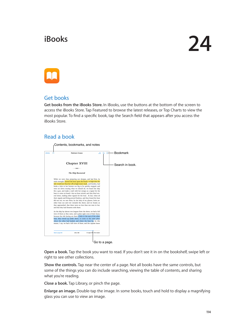 Chapter 24: ibooks, Get books, Read a book | 114 get books 114 read a book, Ibooks | Apple iPad iOS 8.1 User Manual | Page 114 / 164