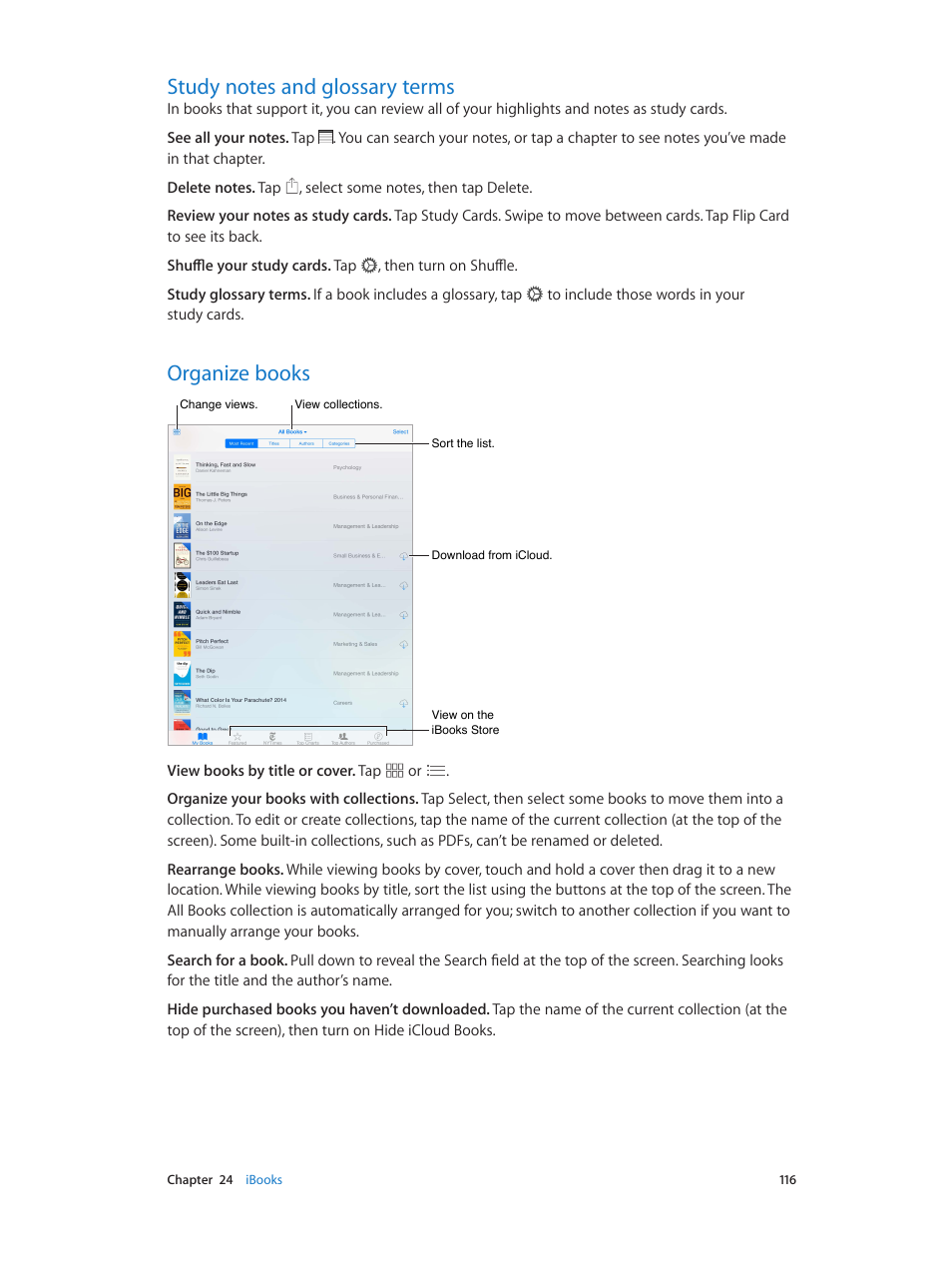 Study notes and glossary terms, Organize books | Apple iPad iOS 8.1 User Manual | Page 116 / 164