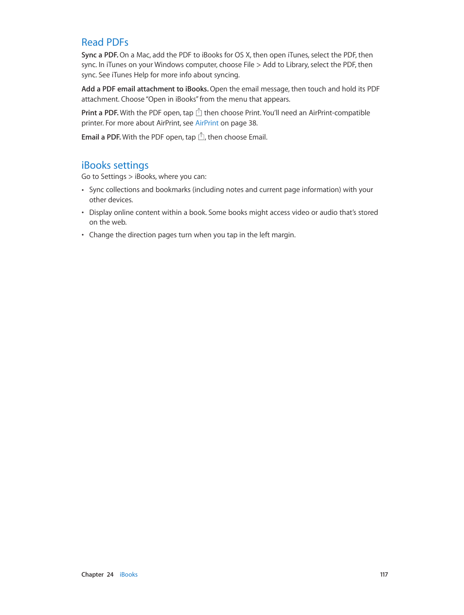 Read pdfs, Ibooks settings, 117 read pdfs 117 ibooks settings | Apple iPad iOS 8.1 User Manual | Page 117 / 164