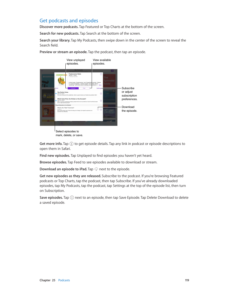 Get podcasts and episodes, 119 get podcasts and episodes | Apple iPad iOS 8.1 User Manual | Page 119 / 164