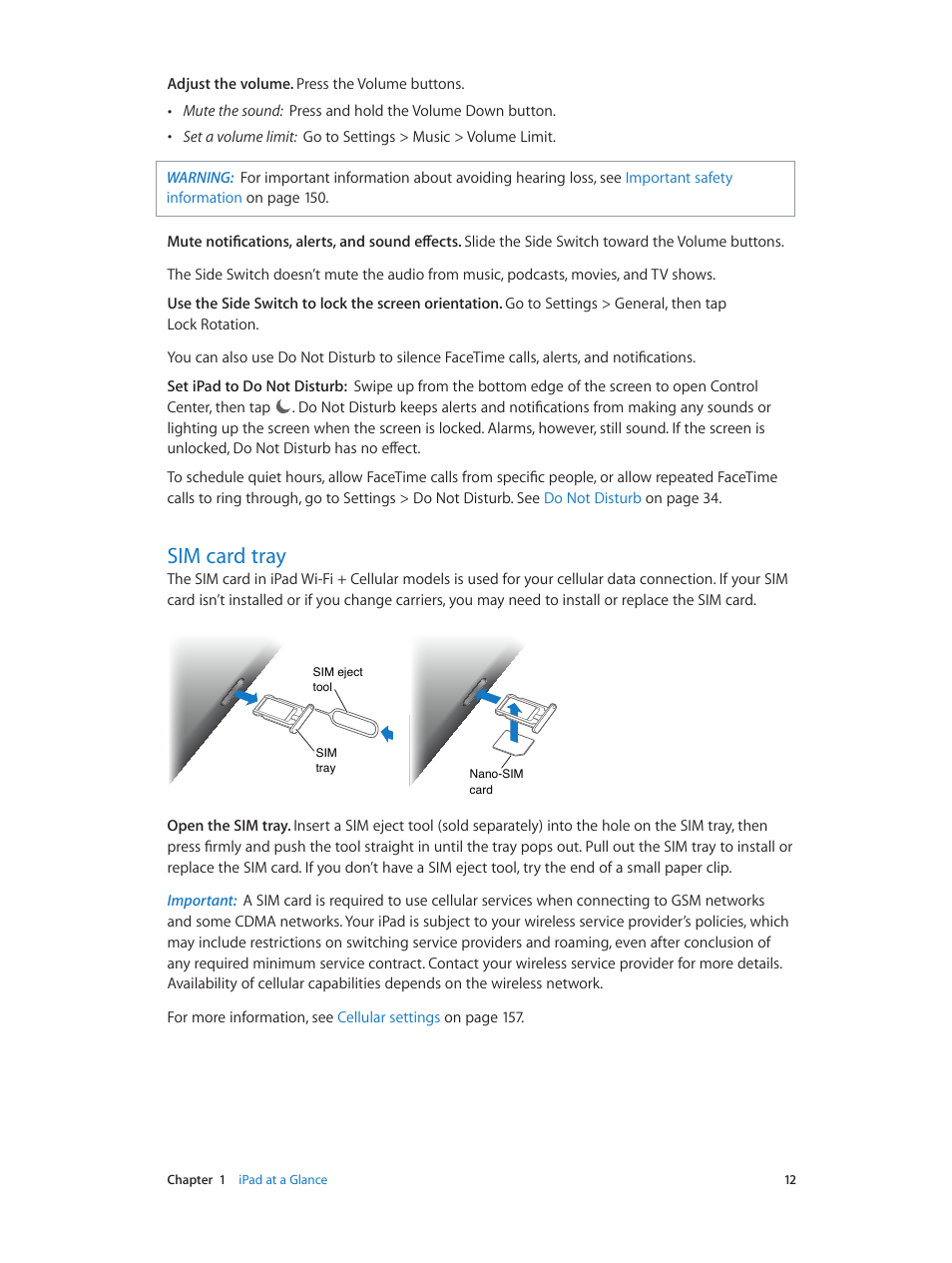 Sim card tray, 12 sim card tray | Apple iPad iOS 8.1 User Manual | Page 12 / 164